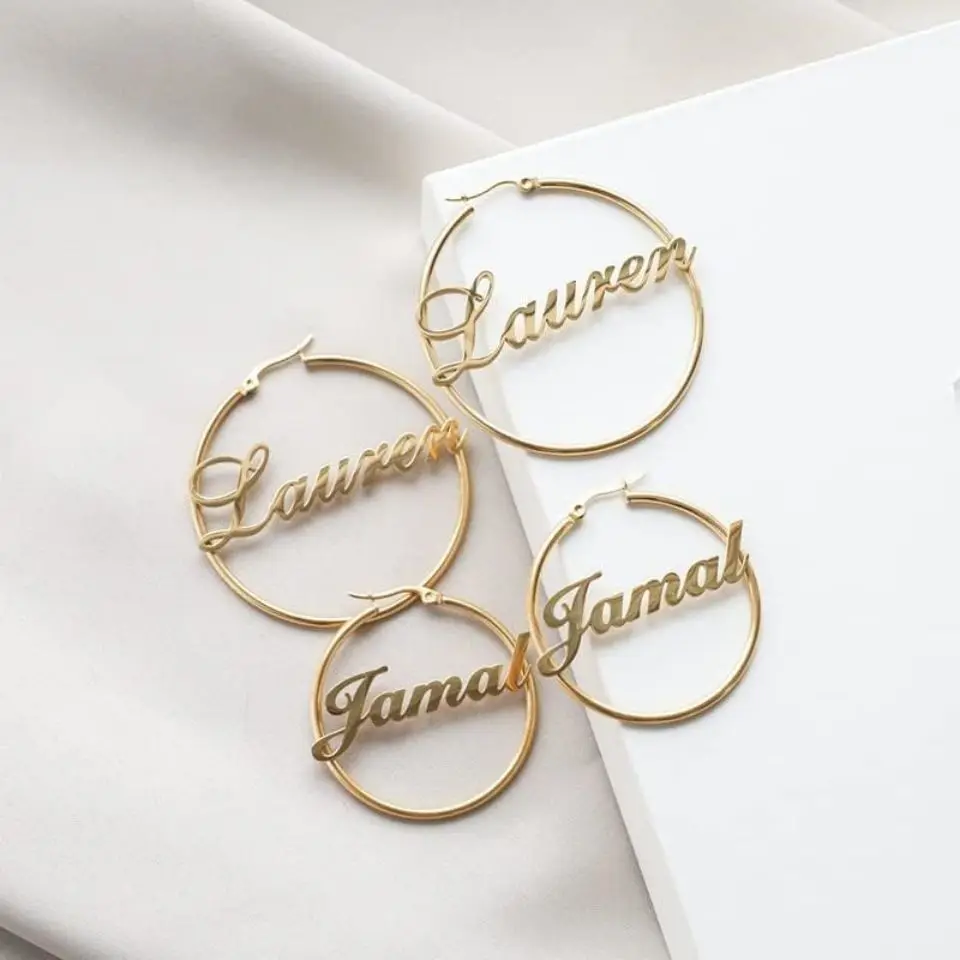 

eManco Stainless Steel Personalized Customized Name Large Hoop Earrings Letters Trendy Earrings Jewelry Holiday Gift