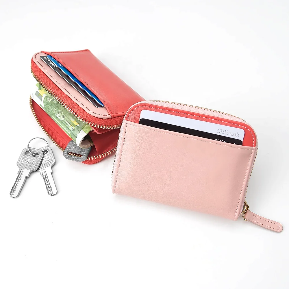 

Chinese Factory Product Design Leather Card Credit Holder Key Coin Purse Mixed Color Short Wallet For Women Girl, Red/pink