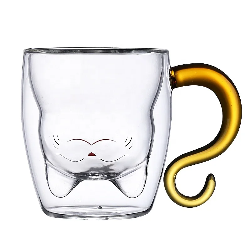 

Cat shaped double wall coffee glass cup with handle, Clear