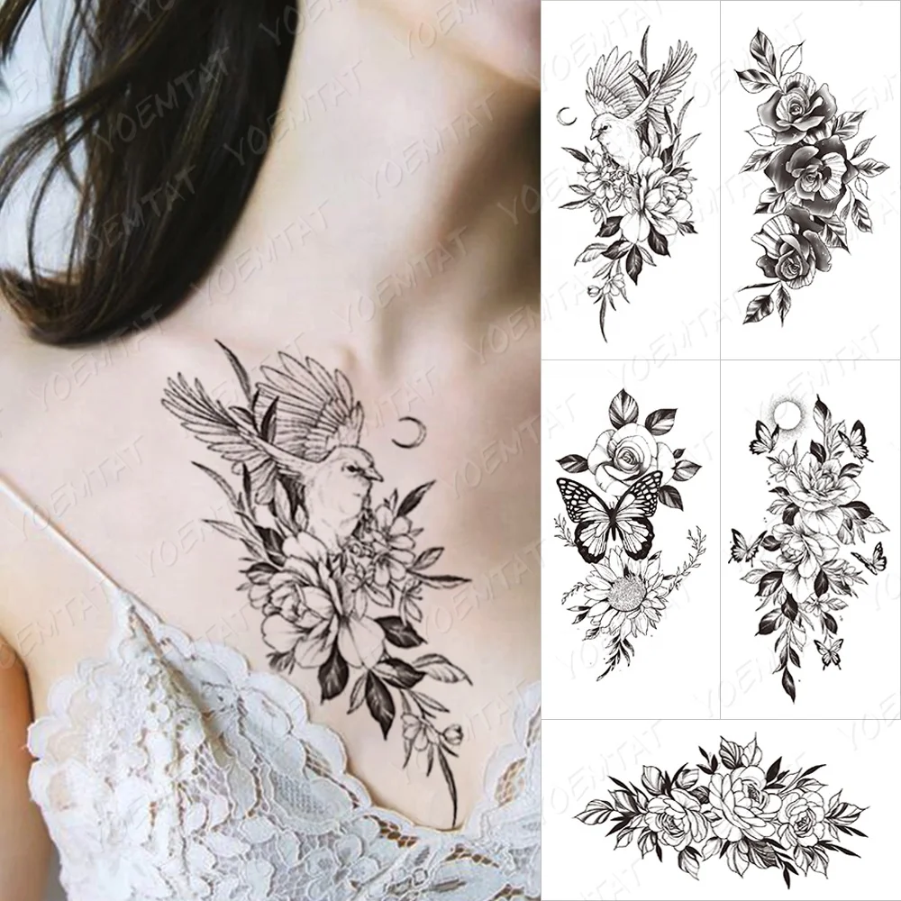 

Sketch Line Bird Flower Butterfly Temporary Tattoo Sticker Sweatproof, Cmyk