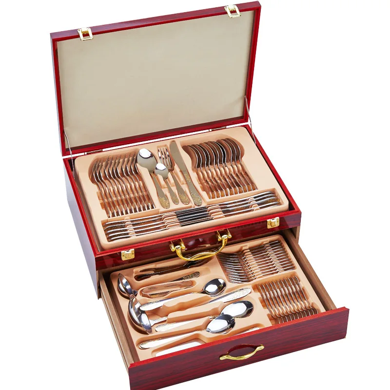 

High Quality Stainless Steel 72pcs Cutlery Set With Wood Box, Silver gold
