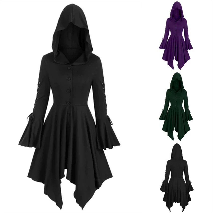 

Medieval Cosplay Gothic Halloween Costumes for Women Dress Witch Middle Ages Renaissance Black Cloak Clothing Hooded Dress, As show