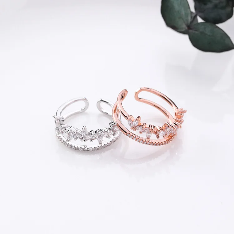 

New Elegant Leaf CZ Stone Hollow Double Layer Rings For Women Fashion Micro Paved Cubic Open Rings Femme Bijoux