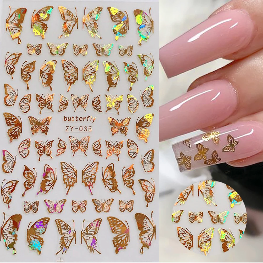 

1pc Holographic 3D Butterfly Art Stickers Adhesive Sliders Colorful DIY Golden Nail Transfer Decals Foils Wraps Decorations, Red/rose red/gold/silver/blue/green