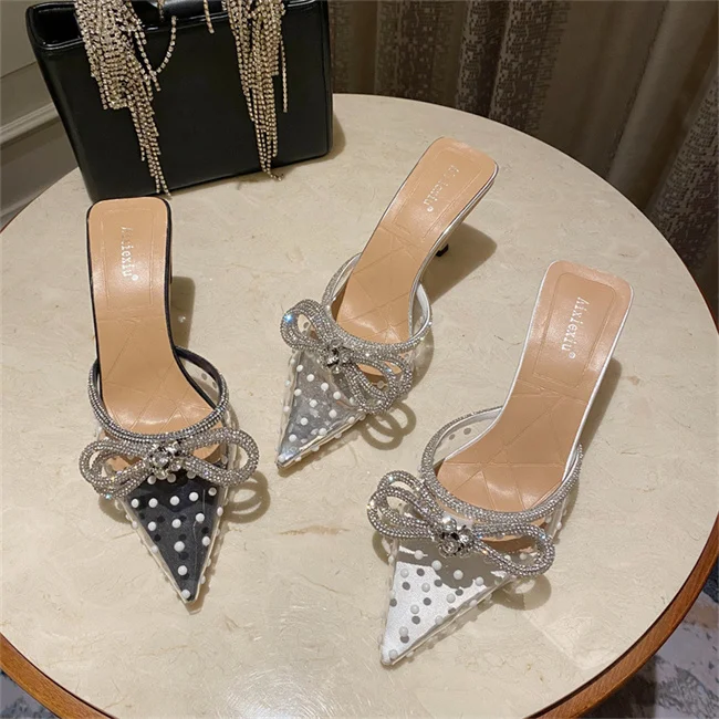 

Beauty Slips on female slides slipper Clear Pointed toe Bowtie womens heels shoes