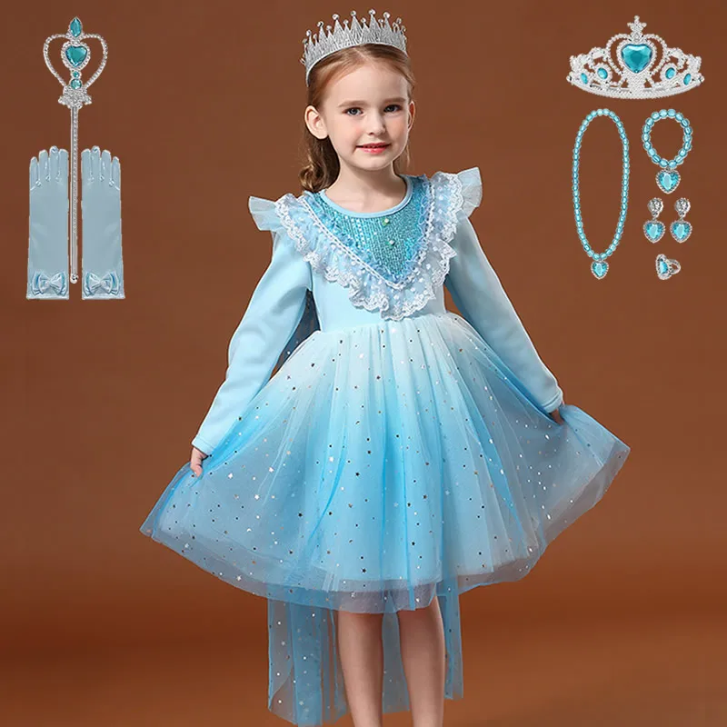 

Girls Elsa Winter Dress New Plus Velvet Thick Net Gauze Puffy Princess Dress Frozen Party Dress, Blue