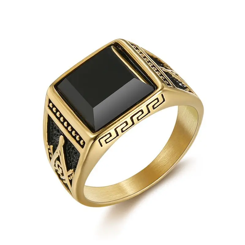 

Retro Fashion Big Square Black Gemstone Titanium Stainless Steel Men Rings Gold Plated Knight Signet Masonic Rings