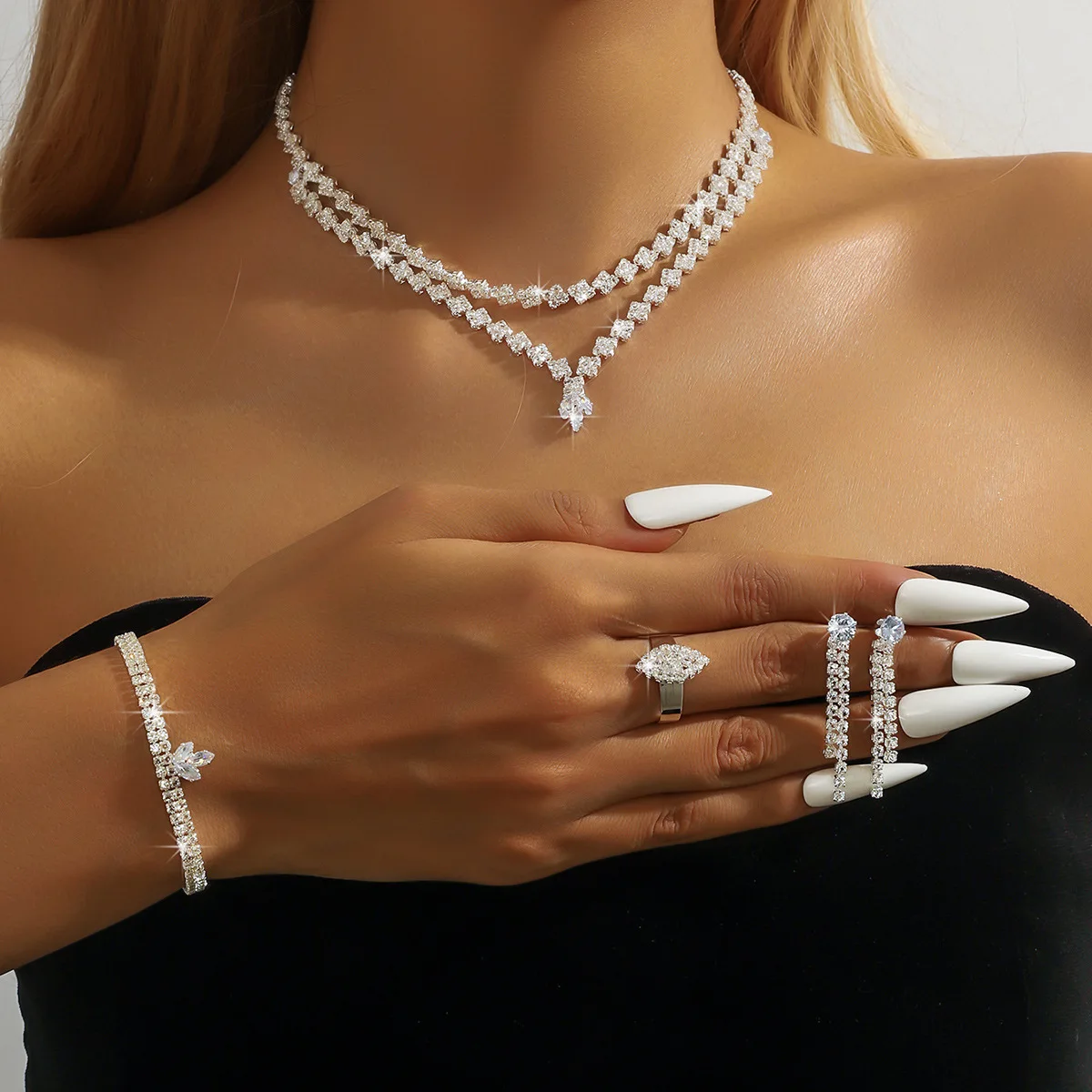 Wholesale Accessories: High-End Copper Zircon Wedding Jewelry Set - Necklace Earrings & Bracelet for Women