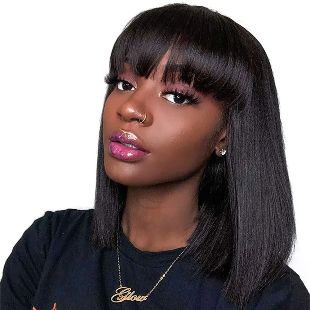 

Machine made With Non Lace 100% Human Hair fringe bob human hair Short wigs With Bang