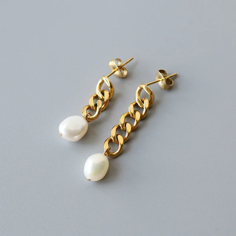 

Women Statement Gold Link Chain Baroque Pearl Drop Earring 2021 Stainless Steel Freshwater Pearl Link Chain Dangle Earrings