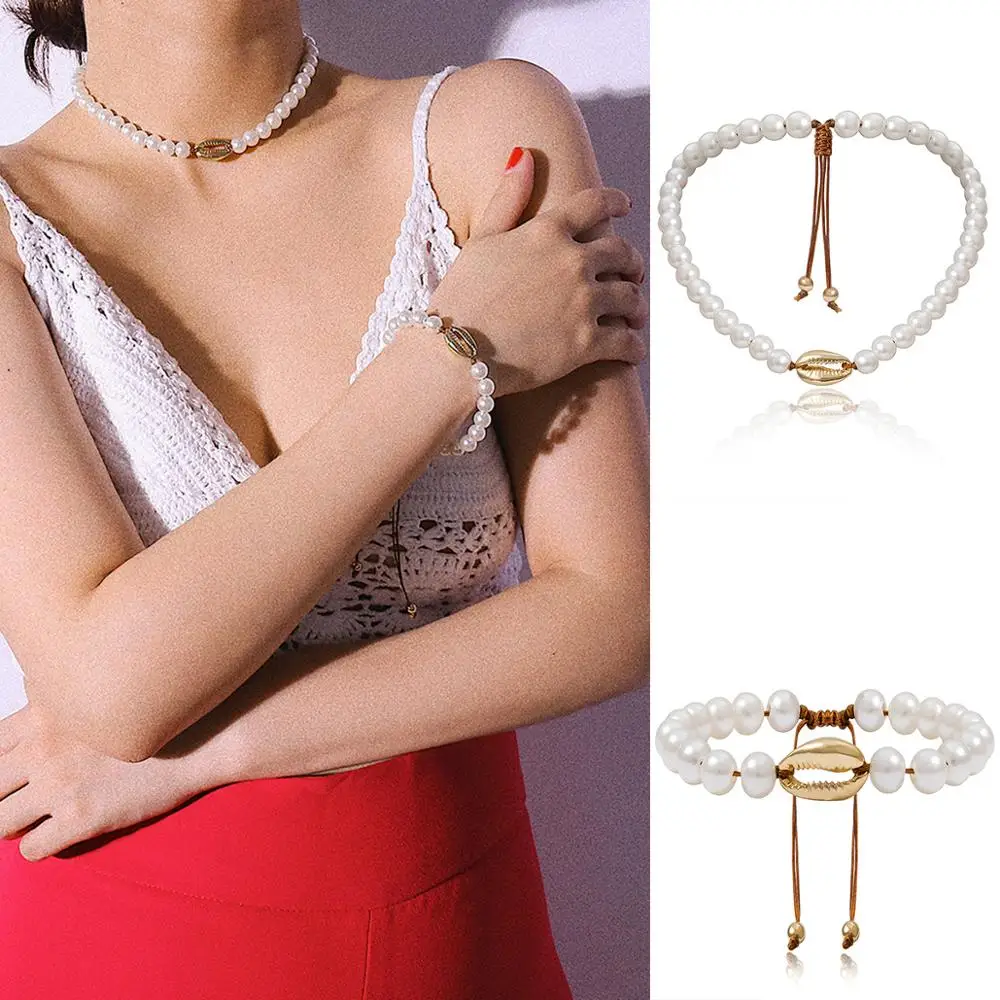 

Simple Design Bohemian Adjustable Cord Gold Shell Necklace Bracelet White Pearl Choker Necklace, As picture