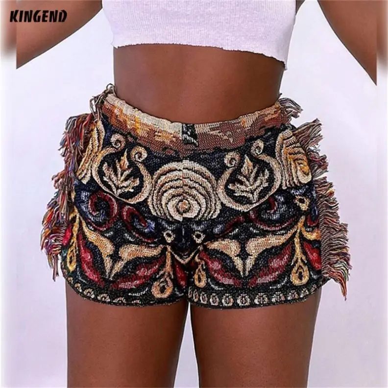 

KG2340 2022 Summer Clothing Folk Style Patchwork Side Tassel High Waist Shorts Hot Women, White