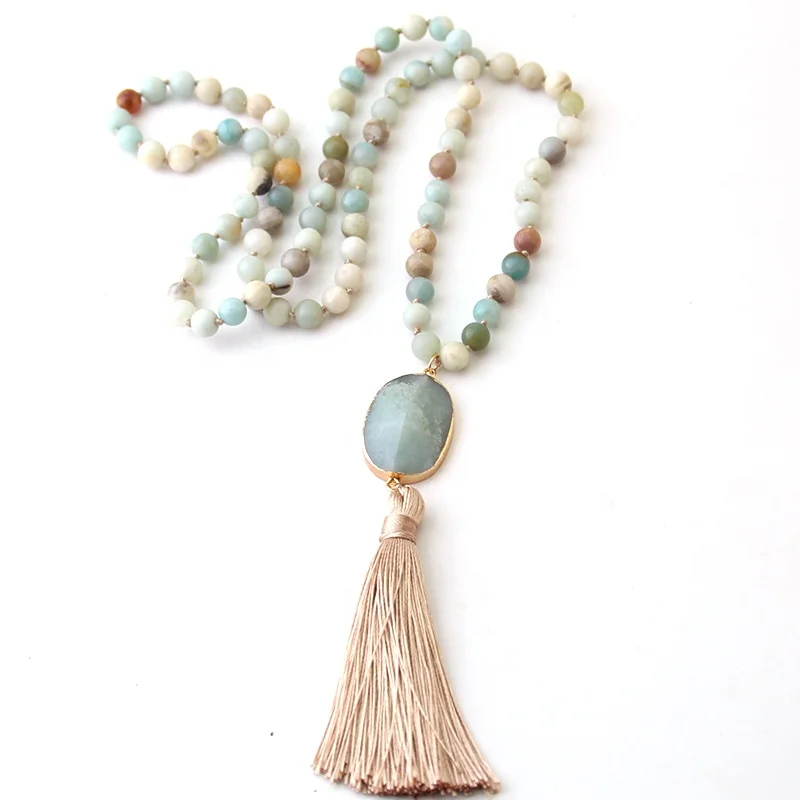 

Fashion Women Ethnic Necklace Bohemian Beaded Jewelry Natural Stones Long Knotted tiger eye Amazonite Long Tassel Necklaces