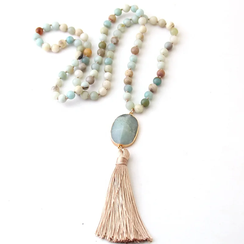 Fashion Women Ethnic Necklace Bohemian Beaded Jewelry Natural Stones Long Knotted tiger eye Amazonite Long Tassel Necklaces