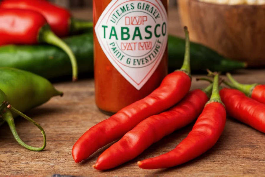 Close-up of Tabasco pepper sauce bottle with fresh tabasco peppers and cooking ingredients