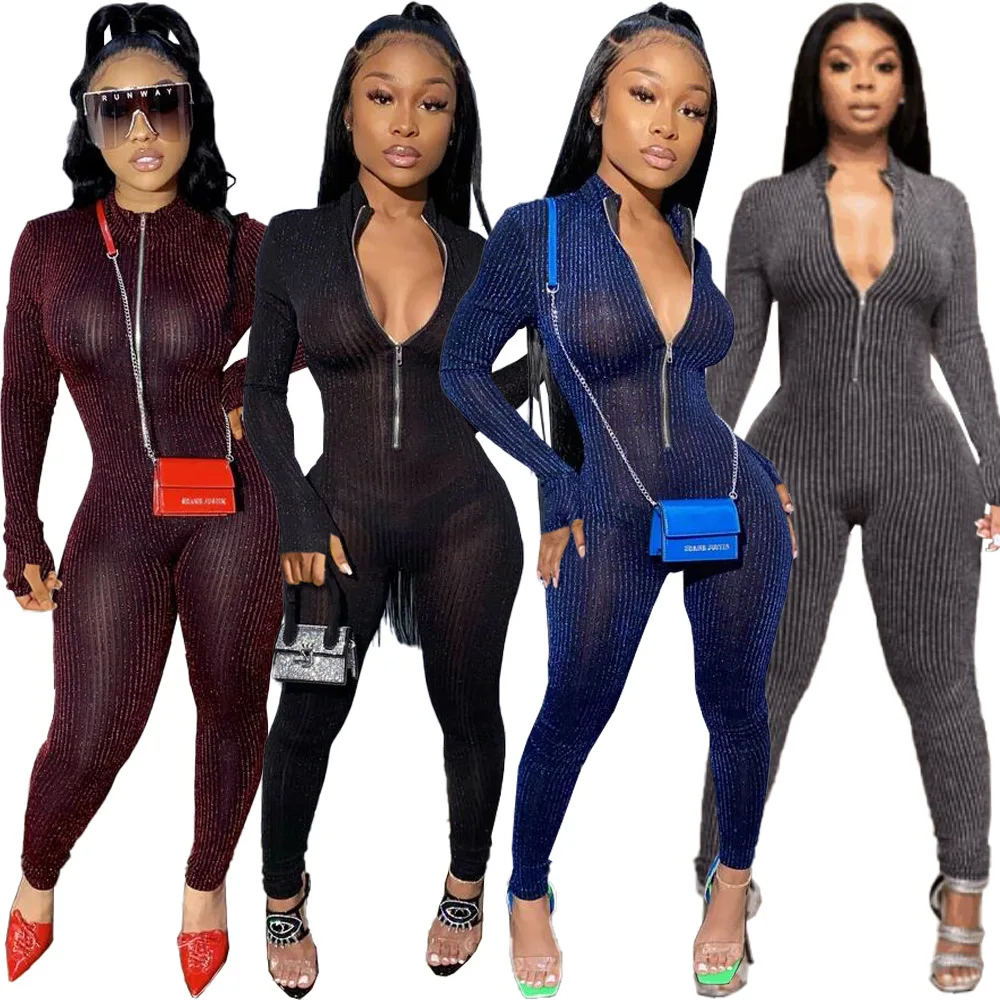

HJDN8548 Jumpsuits women translucent slim sparkling elastic jumpsuit romper casual zipper active wear bodysuit party body mujer