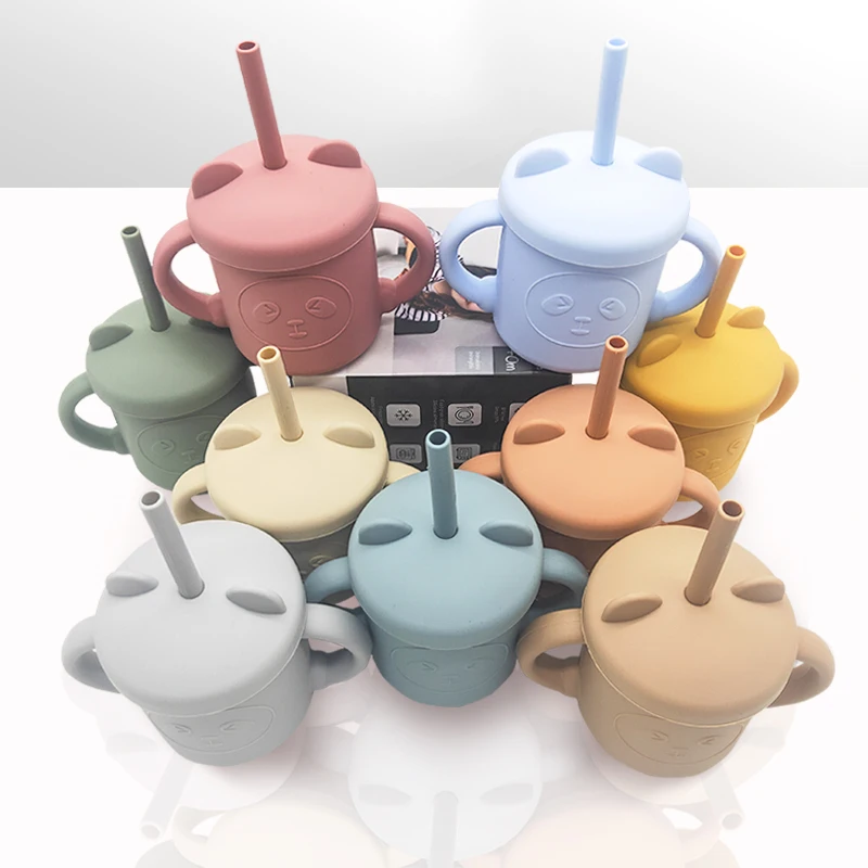 

Portable and reusable children's toddler training straw silicone handle cups baby sippy cup