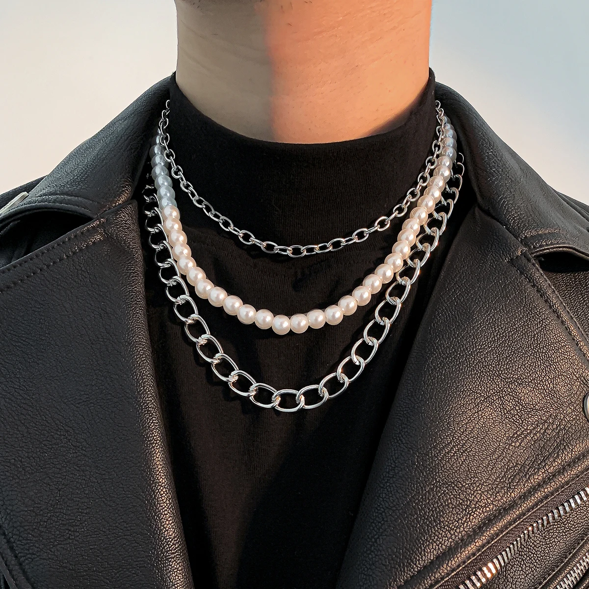 

SHIXIN Simple Men Design White Pearl Necklace Bead Chain Punk Thick Chain Choker Necklace Silver Link Chain Necklace for Man