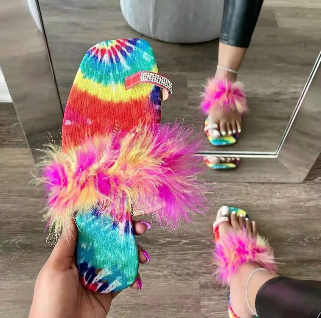 

2021 Women's Fur Flat Jelly Tie Dye Footwear Slides Casual Ladies Slippers Wholesale Outdoor Sandals New Fashion Wedge Shoes
