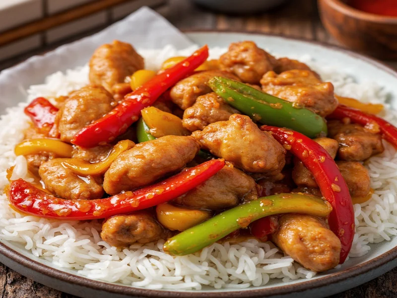 Crispy homemade sweet and sour chicken with bell peppers
