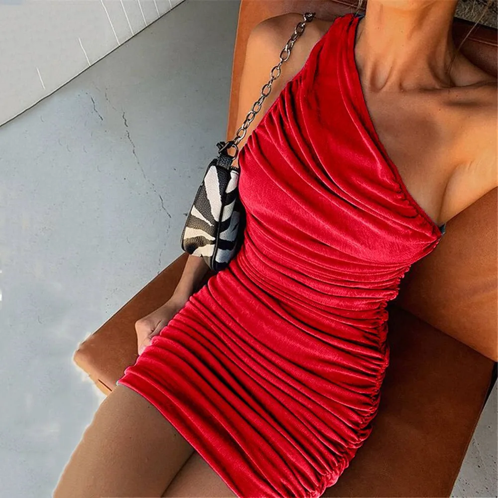 

Multi-color Sexy Solid Color Trendy Pleated One Shoulder Bodycon Dress Womens Casual Dresses