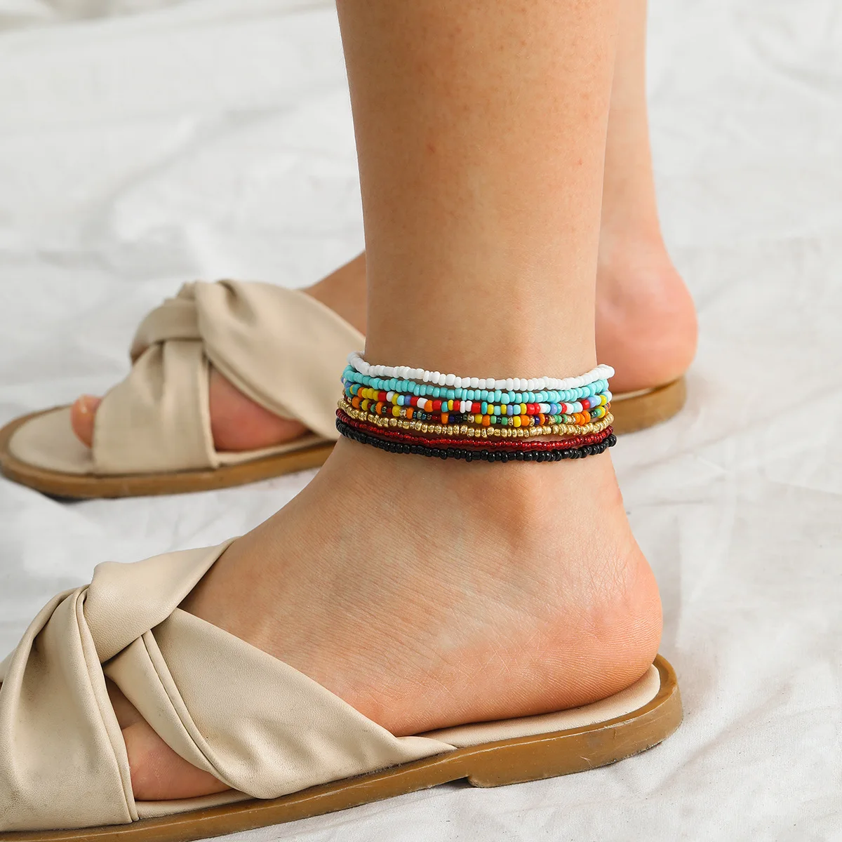 

Bohemian Style Rice Bead Anklet Fashion Hand-Woven Colorful Bead Anklet Set Wholesale 2021, Like picture