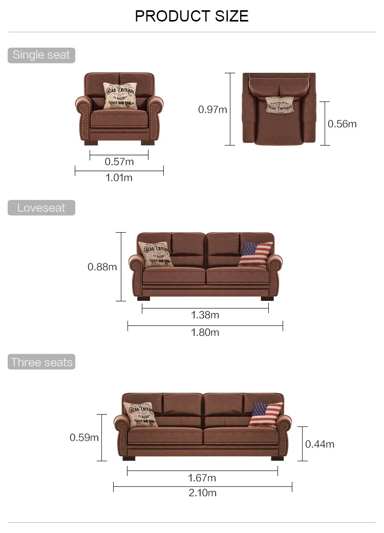 American style three person retro living room leather top layer cowhide sofa combination