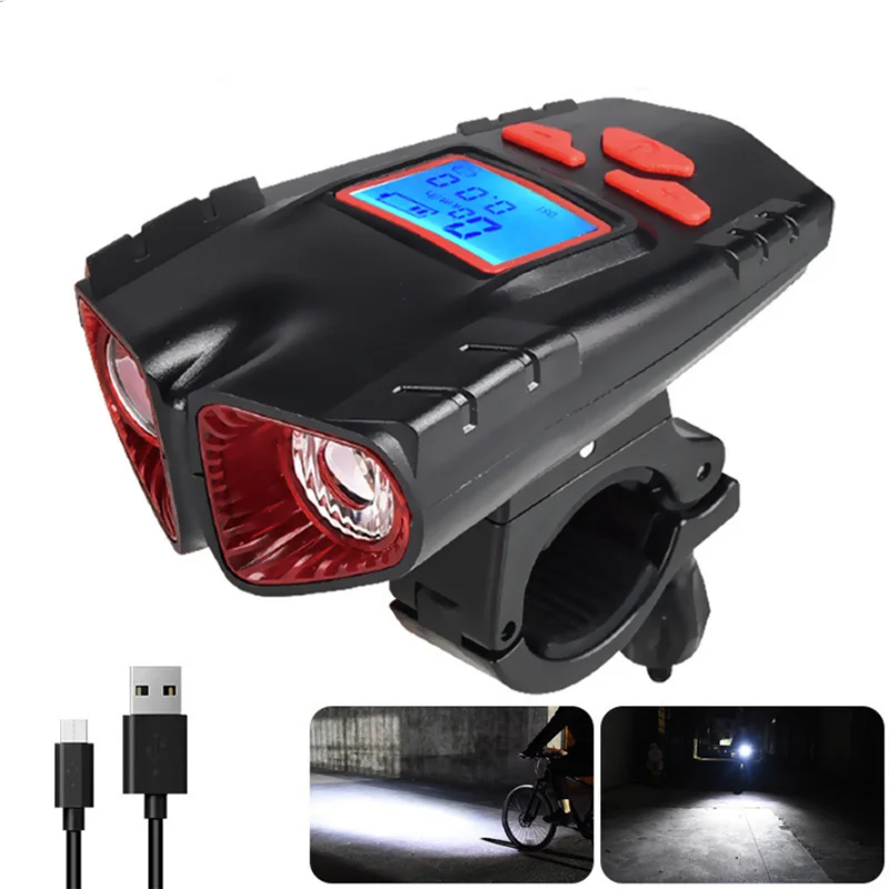 

Waterproof IP55 Dual T6 LED Speedometer Bicycle light, Rechargeable MTB Bike Headlight Front Light With Speed Meter & 120db Horn