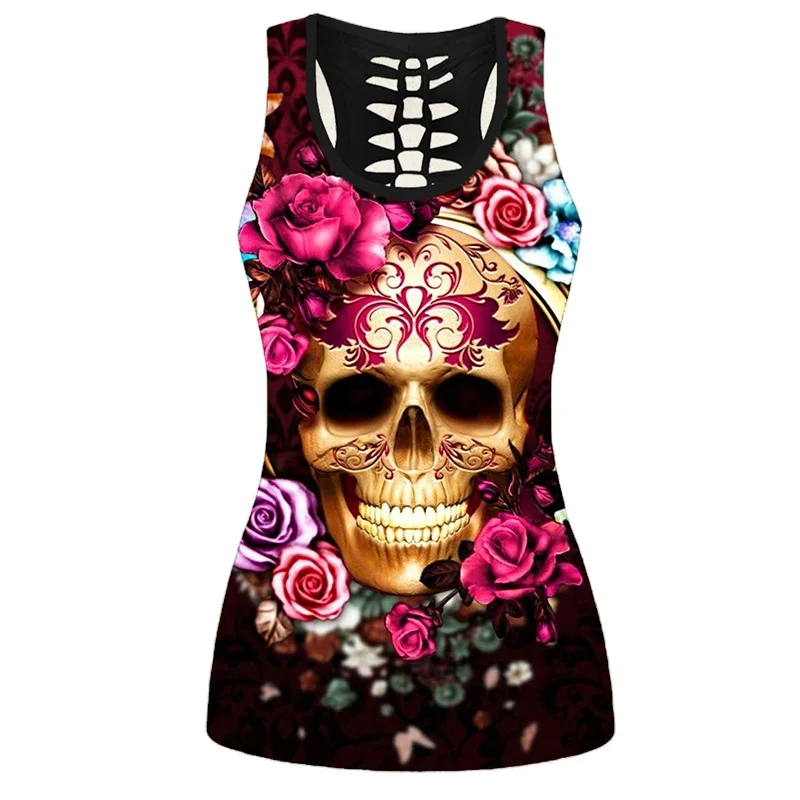 

Wholesale 8 Sizes Fashion Skull Print Sleeveless T Shirt O Neck Vest Casual Plus Size Loose Tank Tops For Women