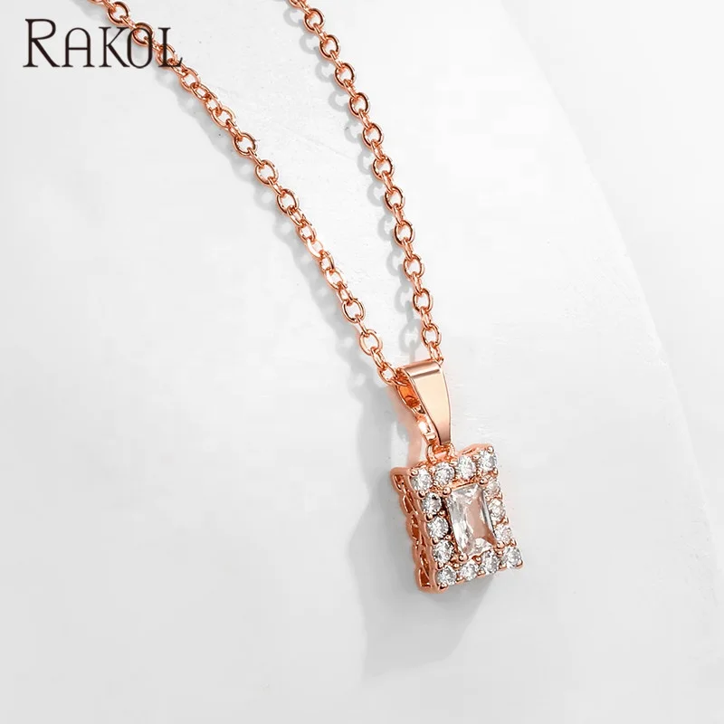 

RAKOL NP2148 Rectangle shaped diamond pendant necklace 2021 newest gold chain daily necklace accessories jewellery for women, Picture shows