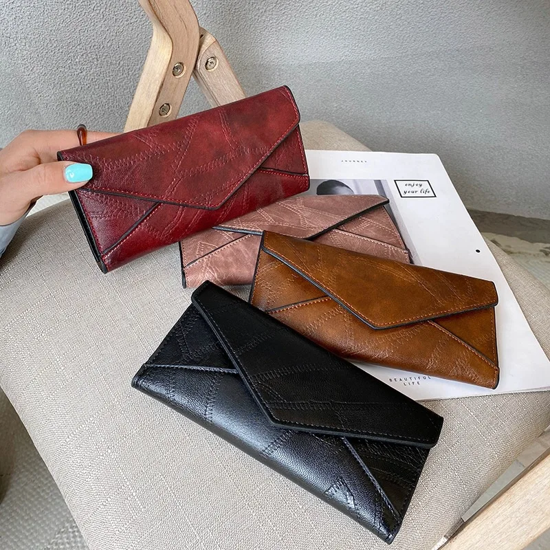 

Wholesale Vintage Wallet Women Luxury Famous Envelope Bag Clutch Card Holder Leather Wallet Coin Purse Wallet Fold Over Clutch, Dark red/ black/ brown/ pink
