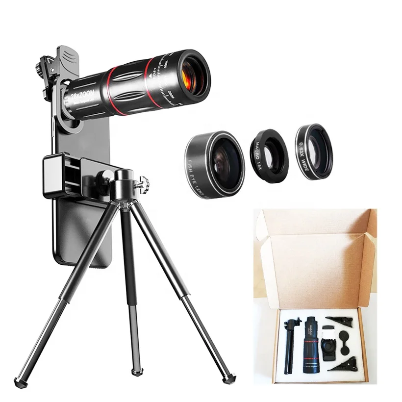 

28X HD Telephoto Zoom Lens Fisheye 0.63X Wide Angle Closeup Macro Photography 4 in 1 Lens Mobile Phone Telescope Lens Kits