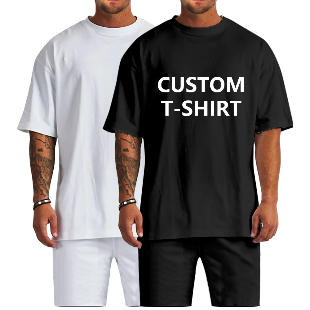 

custom logo embroider t-shirt clothing two piece plain t shirt Sets cotton oversized shirts for men