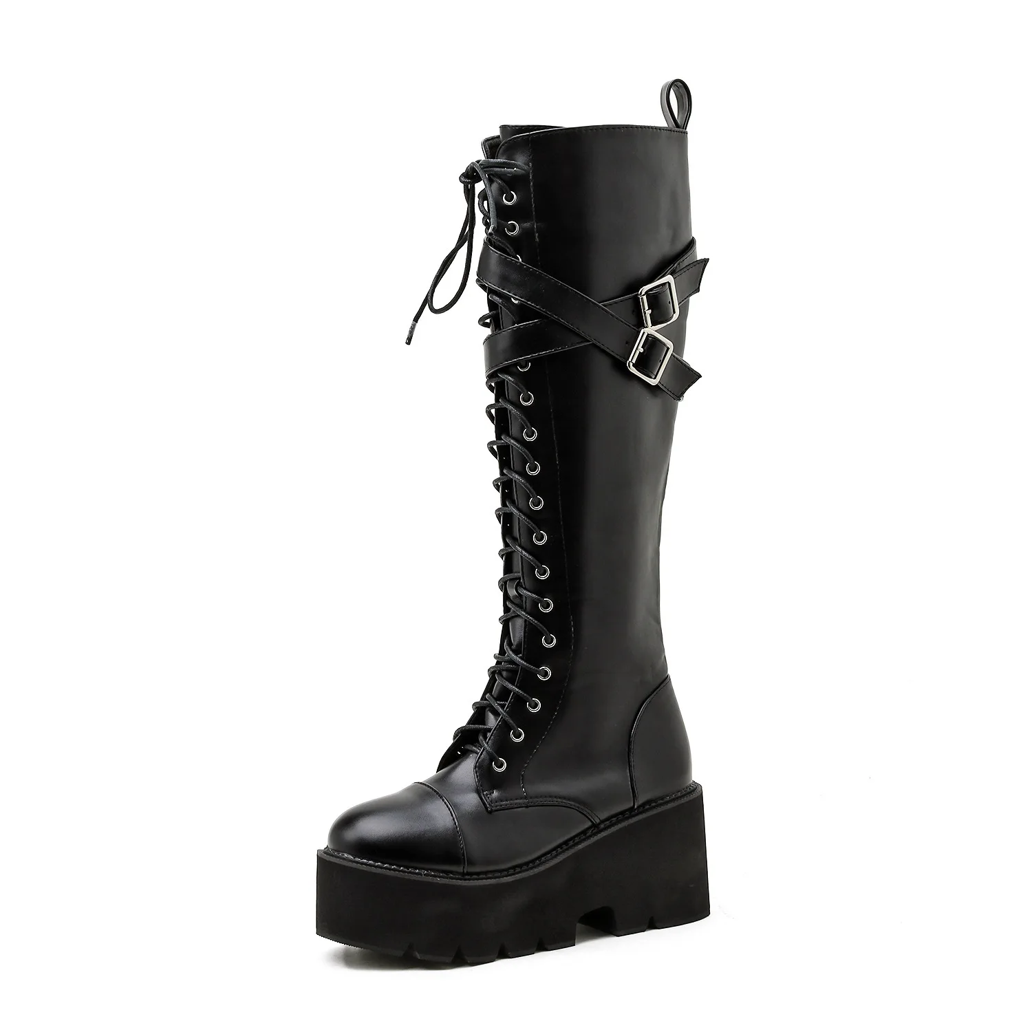 

Factory Sale Ladies Sexy Boots Black Leather Round Head Platform Cross Strap Belt Buckle Zipper Women Knee Boots