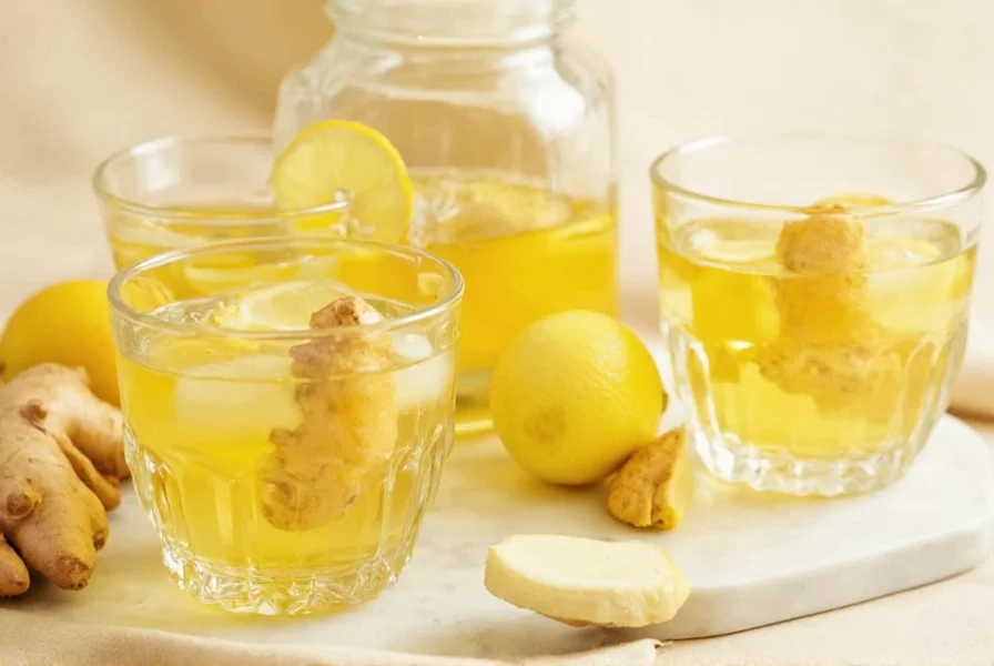Fresh ginger root and lemon slices steeping in clear glass pitcher of water