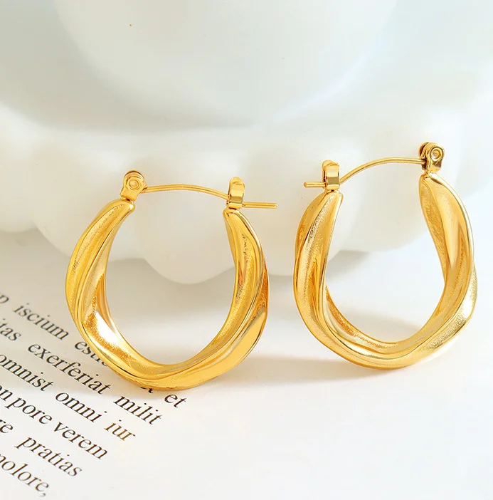 Aretas 2023 Fashion Women Chunky Gold Earrings Nickle Free Waterproof Stainless Large Geometric Hoop C Shaped Twisted Earrings