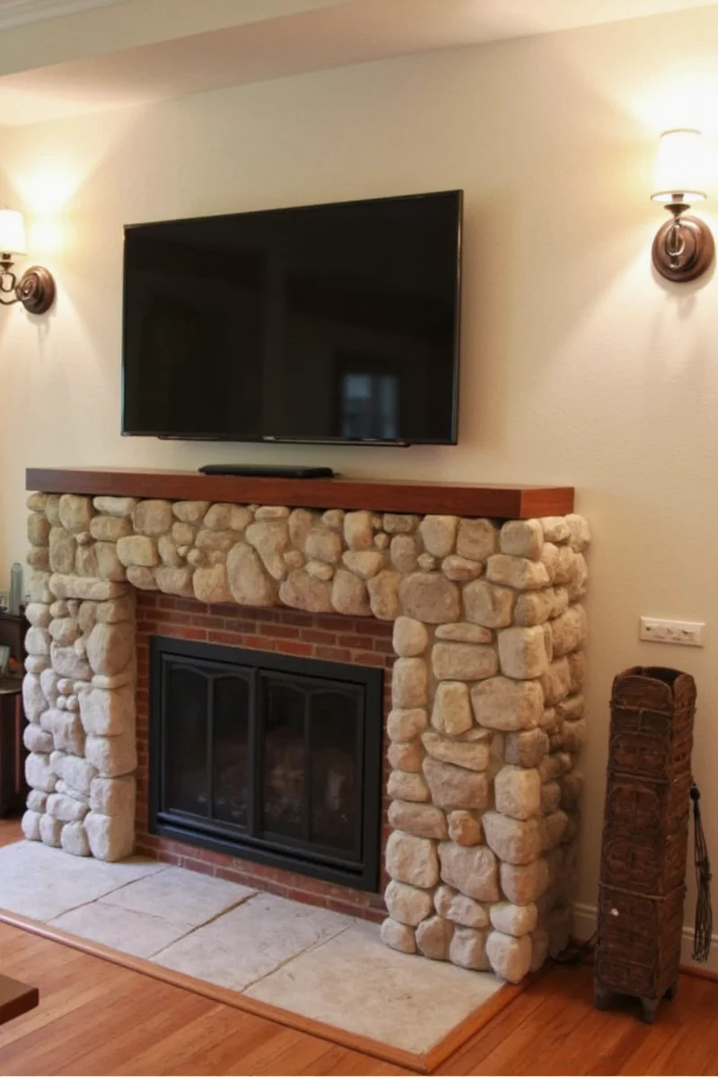 Custom mantel extension supporting mounted TV above fireplace