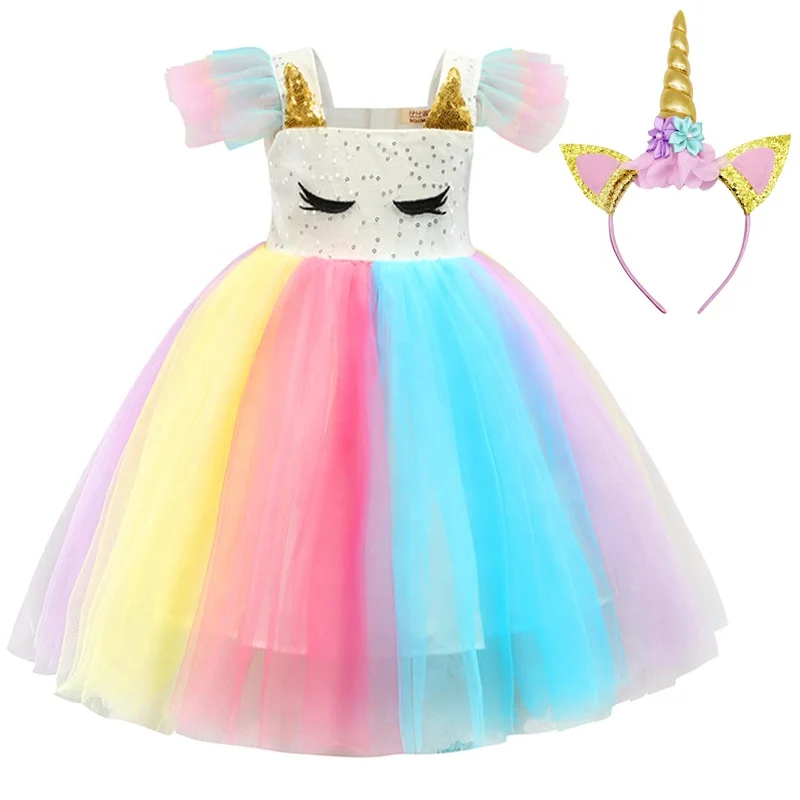 

New Unicorn Party Princess Dress With Headband Tutu Skirt Colorful Costume Girls's Dresses, Pink