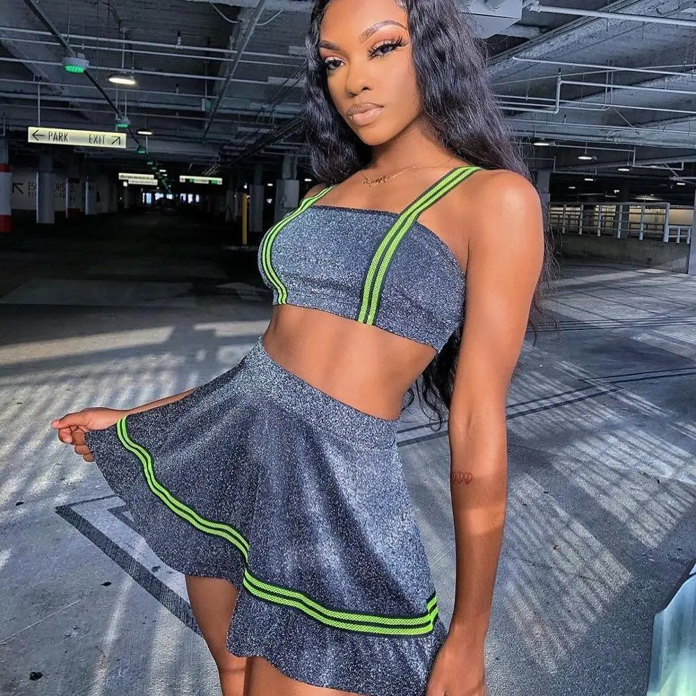 HM6145 Summer Skirt Set Woman Reflective Sport Two Piece Set Women Clothing