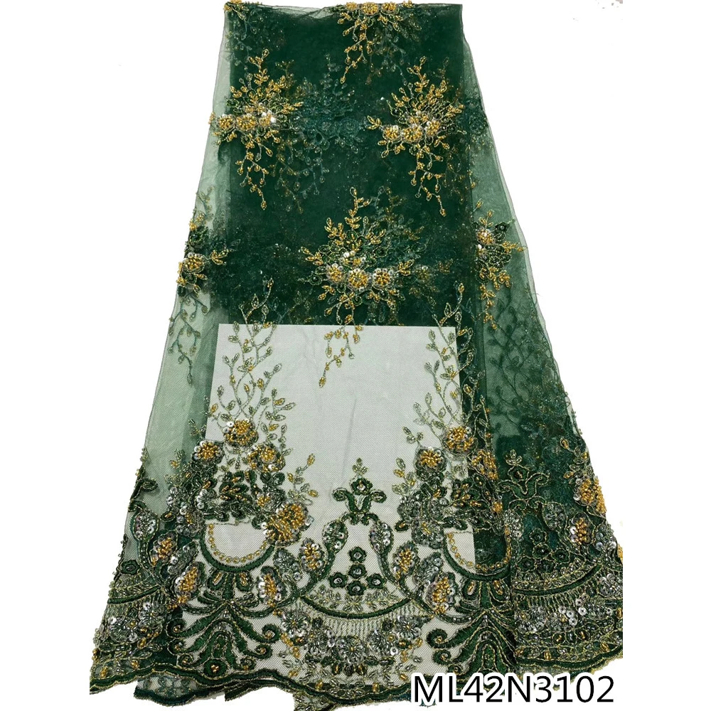 

Beautifical green net lace fabric high quality lace fabric heavy beaded lace bridal ML42N31, Can be customized