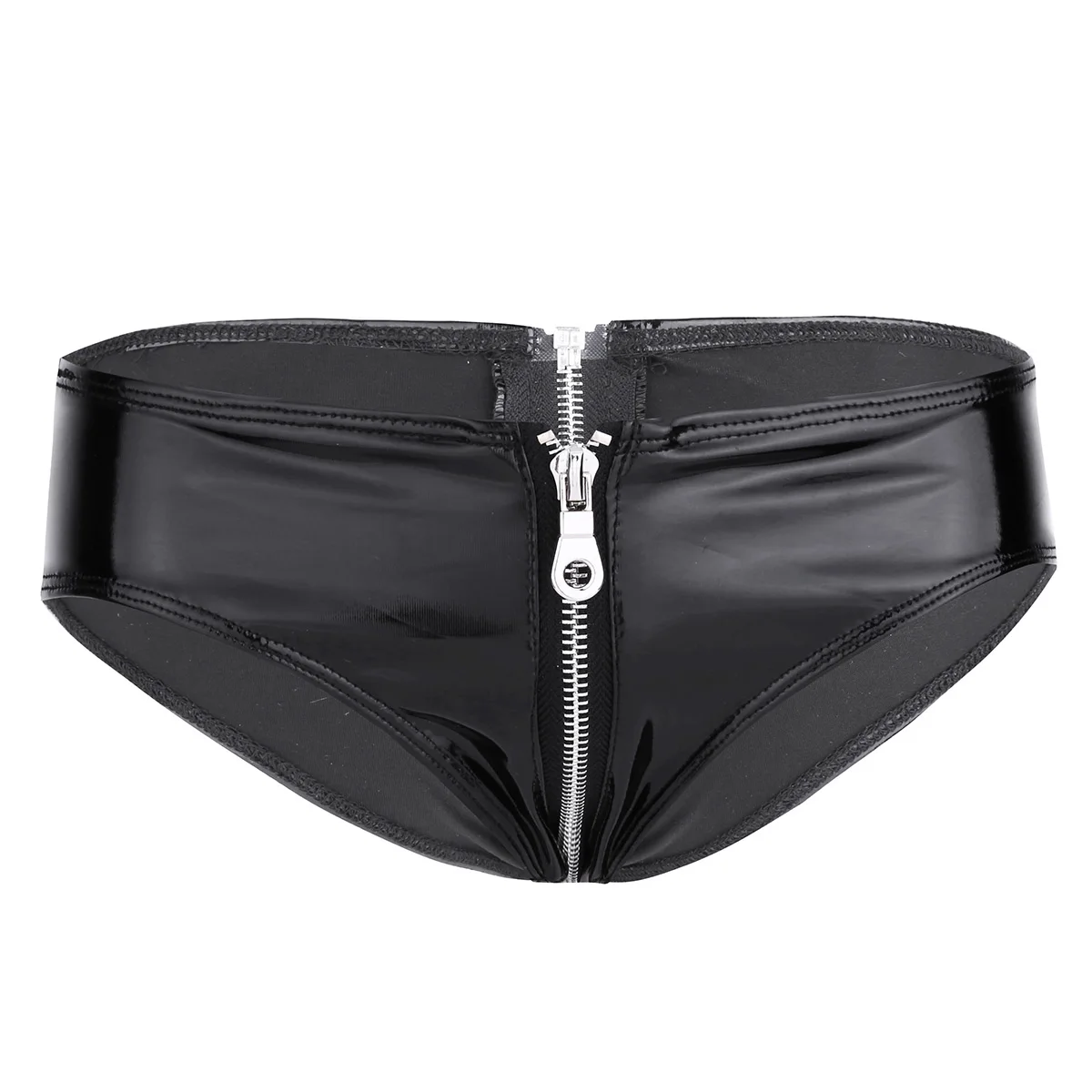 Black Womens Patent Leather Zipper Crotch Lingerie Shiny Low Rise Bikini Briefs Underwear