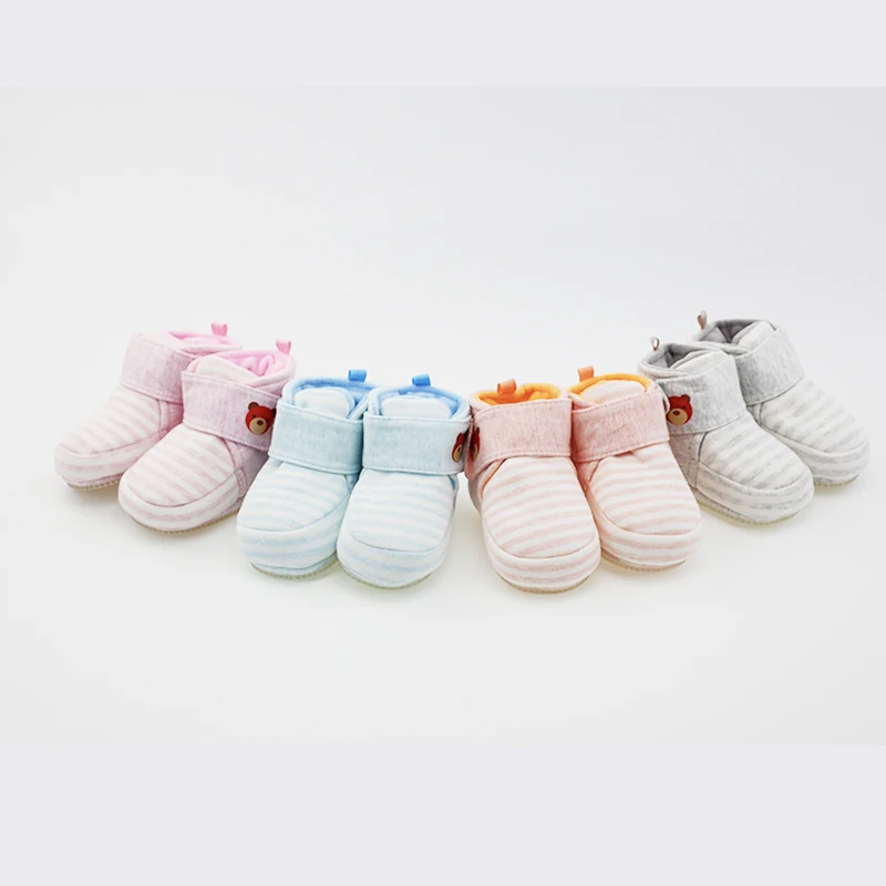 
customized Wholesale 0 1years cloth sole toddler cute booties shoes baby Striped cotton fabric boots baby shoes 