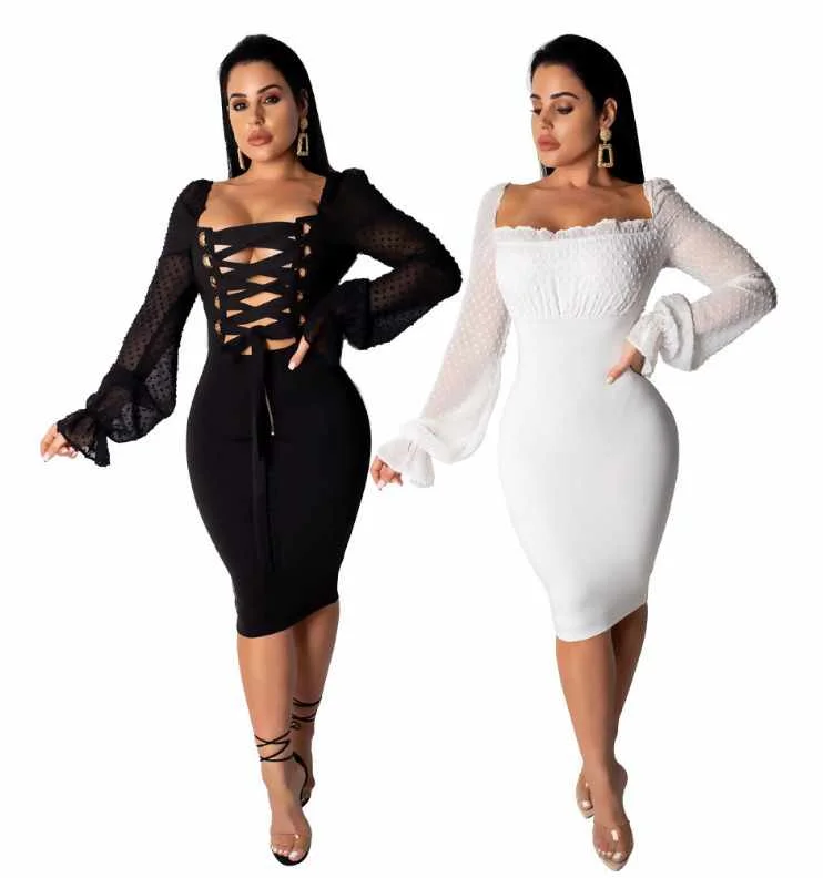 

New Women's Long-sleeved Bodycon Strap Wrap Chest Open Back Floating Dress, Picture color