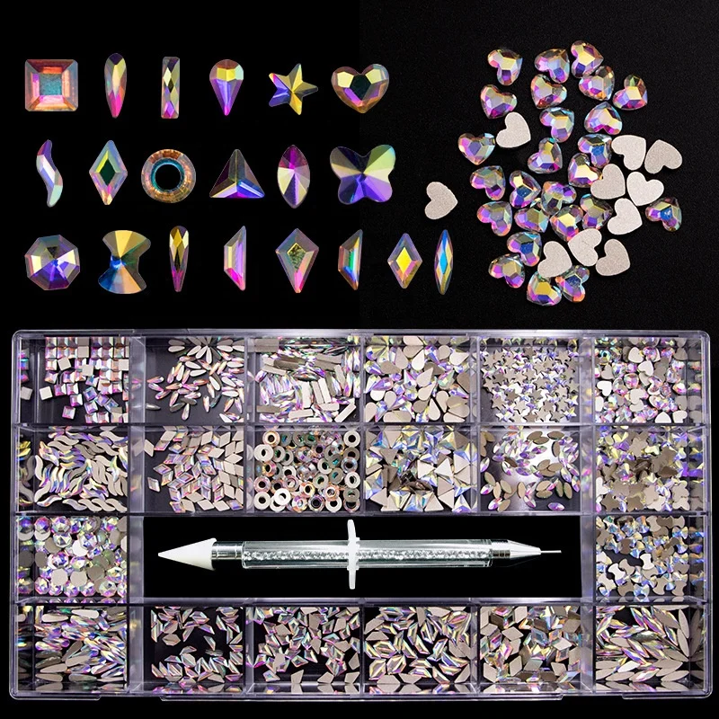 

Wholesale 12 Grid In A Box Mixed Shape 3D Colourful Flat Back Glass Diamond Crystal Rhinestone for Nail, 8 color