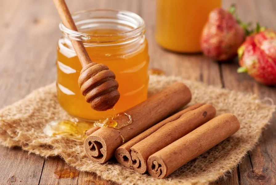 Close-up of cinnamon sticks and raw honey in a glass jar showing natural texture and color