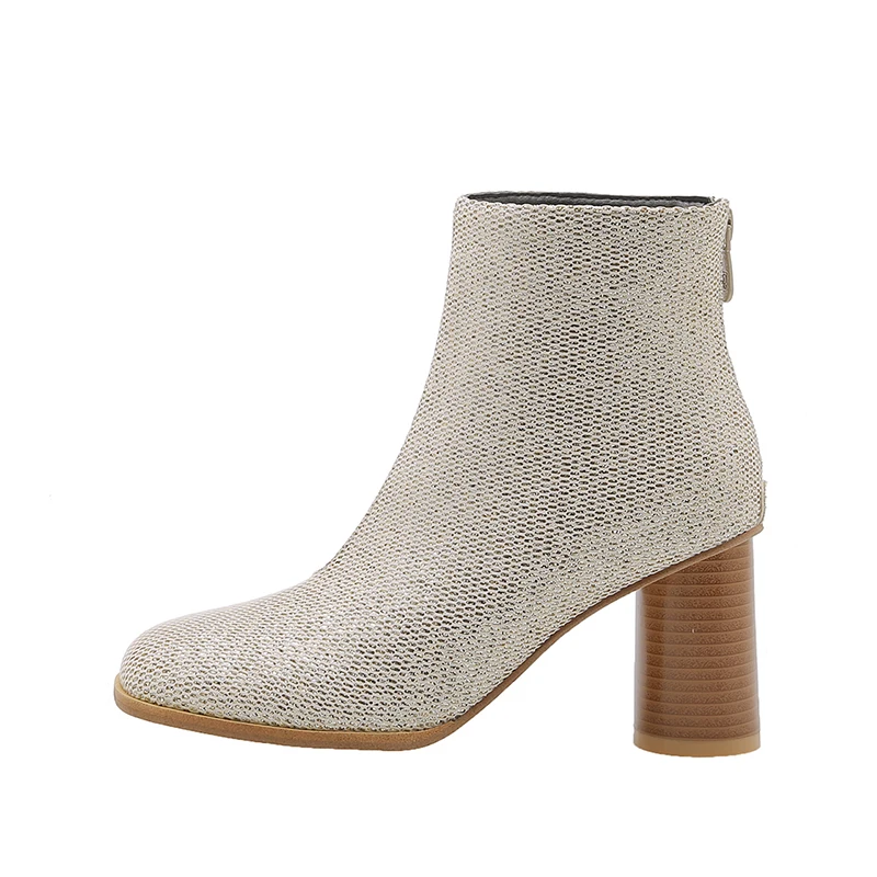

Winter New Style Back Zipper Sequins Leather Wooden Round High Heels Boots, Pink apricot