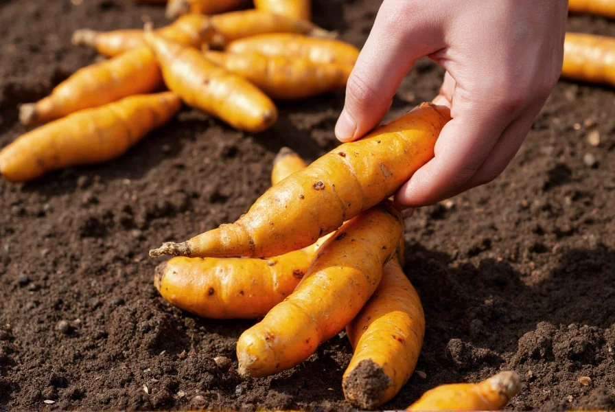 Turmeric rhizomes being harvested from garden soil