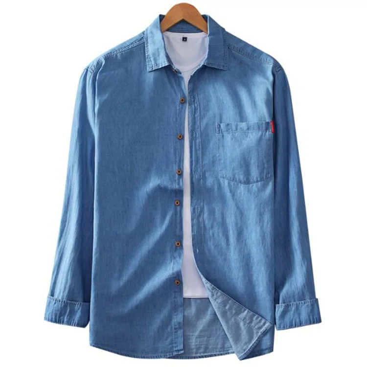 

New Style Mens Denim Long-sleeved Shirt 100% Cotton Autumn Fashion Solid Color Breathable and Comfortable Shirt For Male