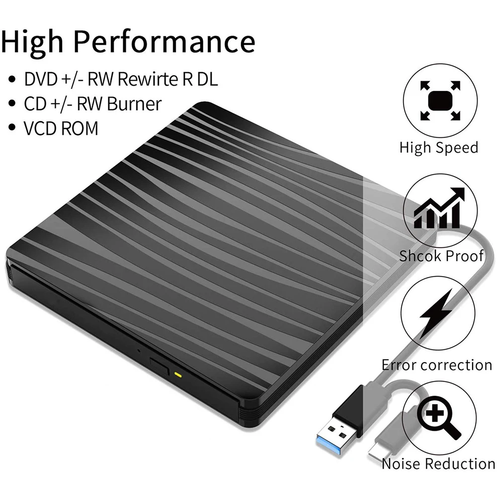 
Raycue Play and Plug USB 3.0 & Type C High-Speed Data Transfer Player Portable External DVD/CD Drive Burner 