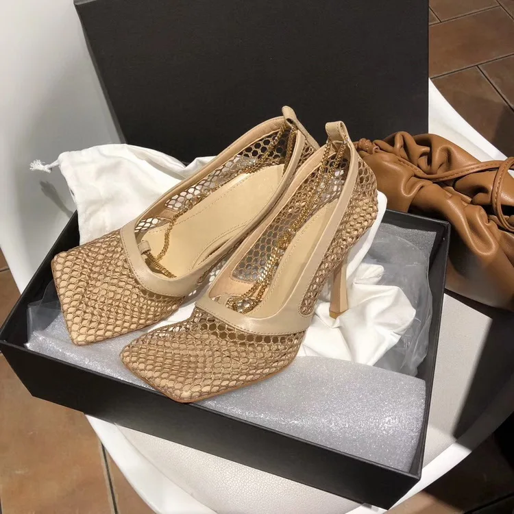 

2020 summer BV new lace mesh high heel small square toe sandal women net Red Wind Tunnel fine heel single fashion shoes